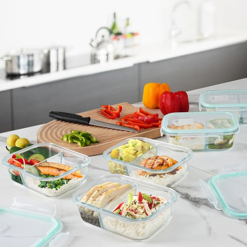 Laad afbeelding in Galerijviewer, Glazen meal prep bakjes set van 5 met 2 vakken - happygetfit.com
