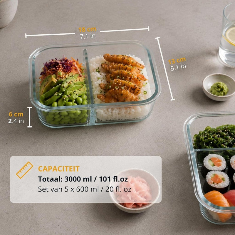 Laad afbeelding in Galerijviewer, Glazen meal prep bakjes set van 5 met 2 vakken - happygetfit.com

