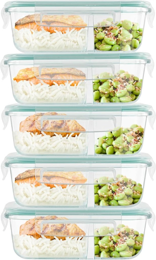 Glazen meal prep bakjes set van 5 met 2 vakken - happygetfit.com