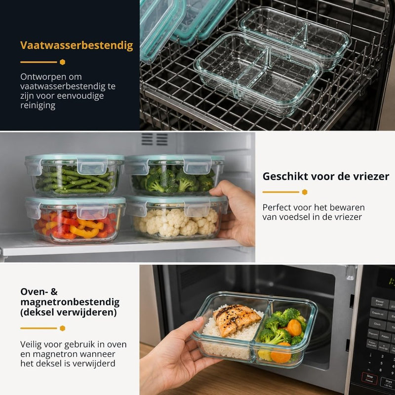 Laad afbeelding in Galerijviewer, Glazen meal prep bakjes set van 5 met 2 vakken - happygetfit.com
