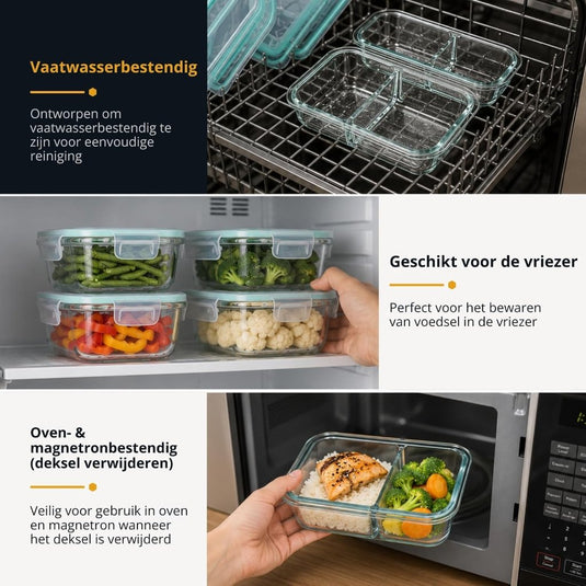 Glazen meal prep bakjes set van 5 met 2 vakken - happygetfit.com
