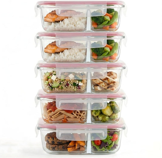 Glazen meal prep bakjes set van 5 met 2 vakken - happygetfit.com