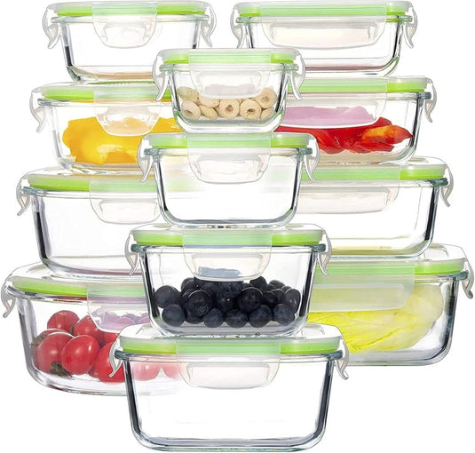 Glazen vershoudbakjes set van 12 met deksels - happygetfit.com