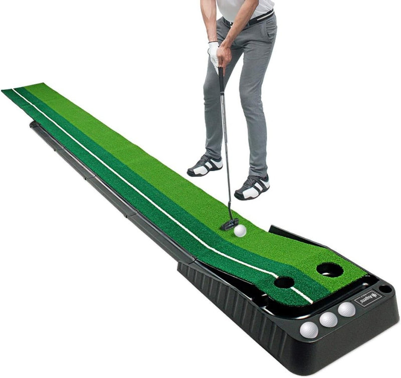 Laad afbeelding in Galerijviewer, Golf Putting Trainer (3 ballen gratis), tweekleurige grasgolfmat met baldikker retourbaan en automatische functie Oefen binnen en buiten voor beginners en amateur - happygetfit.com
