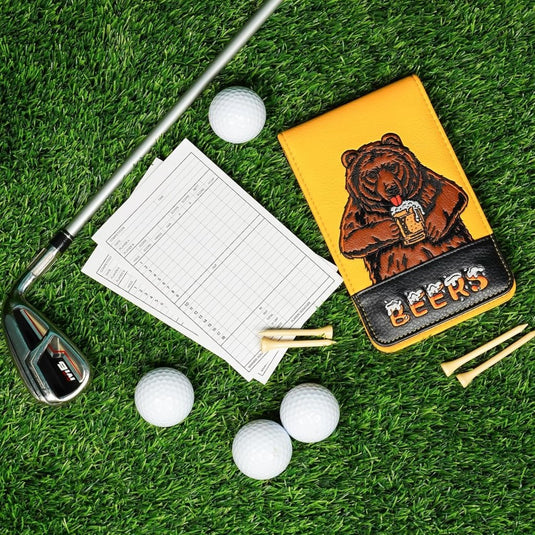 Golf scorekaarthouder van kunstleer met berenborduurwerk inclusief 10 scorekaarten en potlood – yardageboek – golfscoreboek - happygetfit.com