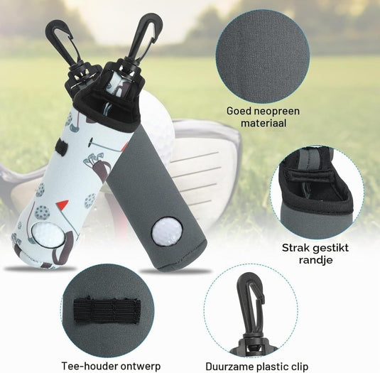 Golfbal tasje met clip voor 3 ballen & tees - Neopreen golf bal houder - Golf accessoires tas - happygetfit.com