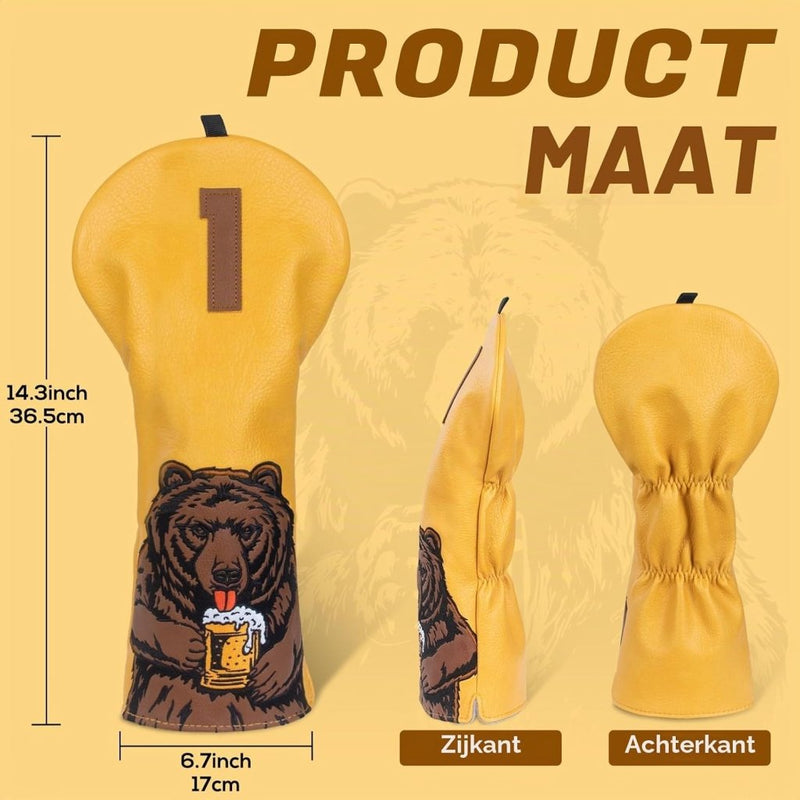 Laad afbeelding in Galerijviewer, Golfclub beschermhoes met bierdrinkende beer borduurwerk voor drivers tot 460cc – driver headcover – golfartikelen - happygetfit.com
