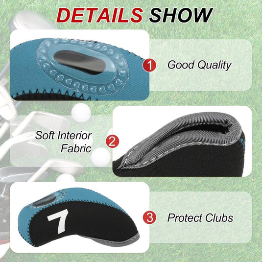 Golfclub beschermhoezen 10 stuks zwart neopreen – genummerde ijzerhoezen – golf headcovers voor golfset en golftas - happygetfit.com