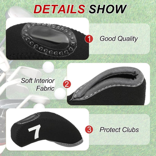 Golfclub beschermhoezen 10 stuks zwart neopreen – genummerde ijzerhoezen – golf headcovers voor golfset en golftas - happygetfit.com