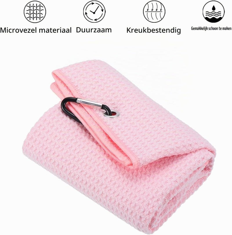 Laad afbeelding in Galerijviewer, Golfhanddoek 40 x 40 cm met D-clip roze – absorberende tri-fold handdoek – golf accessoires - happygetfit.com
