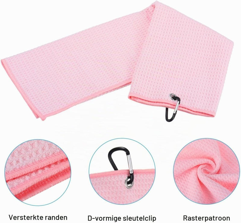 Laad afbeelding in Galerijviewer, Golfhanddoek 40 x 40 cm met D-clip roze – absorberende tri-fold handdoek – golf accessoires - happygetfit.com
