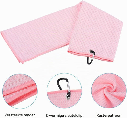 Golfhanddoek 40 x 40 cm met D-clip roze – absorberende tri-fold handdoek – golf accessoires - happygetfit.com