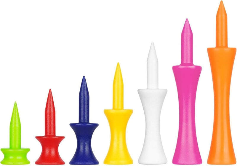 Laad afbeelding in Galerijviewer, Golftees 84 stuks van stevig kunststof in 7 verschillende hoogtes van 25 tot 70 mm – golfpinnetjes – afslagtraining - happygetfit.com
