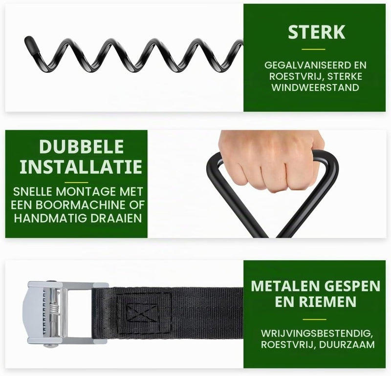 Laad afbeelding in Galerijviewer, Grondankers 4 stuks 40 cm met verstelbare riemen en booradapter – trampoline ankers – stormankers - happygetfit.com
