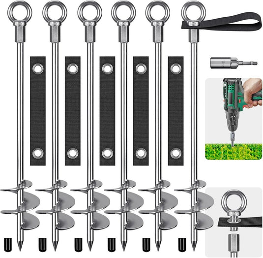 Grondankers 6 stuks 45 cm heavy duty met spanbanden en booradapter – trampoline ankers – stormankers - happygetfit.com