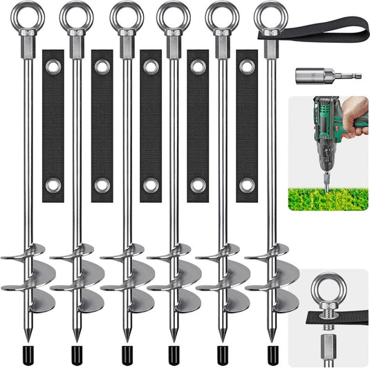 Grondankers 6 stuks 45 cm heavy duty met spanbanden en booradapter – trampoline ankers – stormankers - happygetfit.com