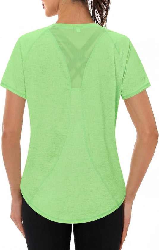 Gyabnw Sportshirt dames T-shirts dames korte mouwen elastisch shirt gym dames rug ademend mesh top fitness yoga hardlopen dans - happygetfit.com