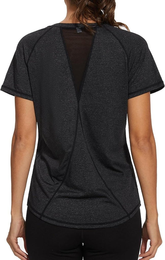Gyabnw Sportshirt dames T-shirts dames korte mouwen elastisch shirt gym dames rug ademend mesh top fitness yoga hardlopen dans - happygetfit.com