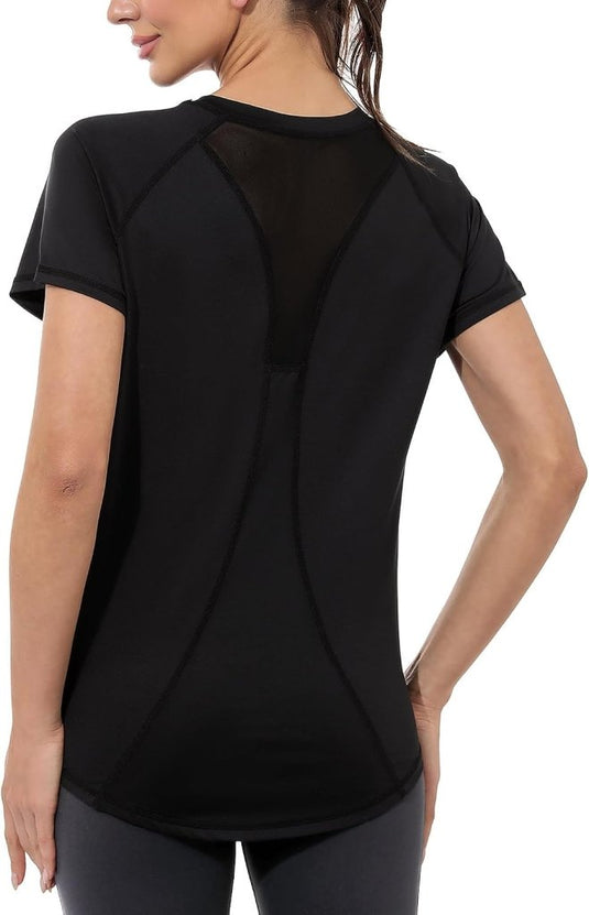 Gyabnw Sportshirt dames T-shirts dames korte mouwen elastisch shirt gym dames rug ademend mesh top fitness yoga hardlopen dans - happygetfit.com
