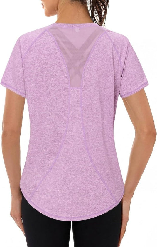 Gyabnw Sportshirt dames T-shirts dames korte mouwen elastisch shirt gym dames rug ademend mesh top fitness yoga hardlopen dans - happygetfit.com