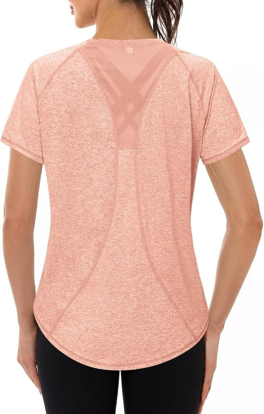 Gyabnw Sportshirt dames T-shirts dames korte mouwen elastisch shirt gym dames rug ademend mesh top fitness yoga hardlopen dans - happygetfit.com