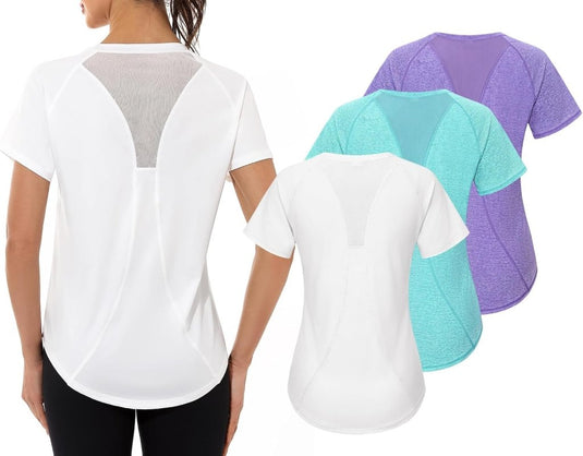 Gyabnw Sportshirt dames T-shirts dames korte mouwen elastisch shirt gym dames rug ademend mesh top fitness yoga hardlopen dans - happygetfit.com