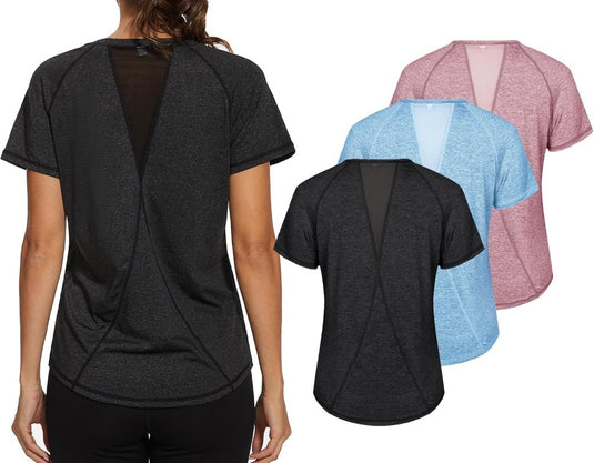 Gyabnw Sportshirt dames T-shirts dames korte mouwen elastisch shirt gym dames rug ademend mesh top fitness yoga hardlopen dans - happygetfit.com