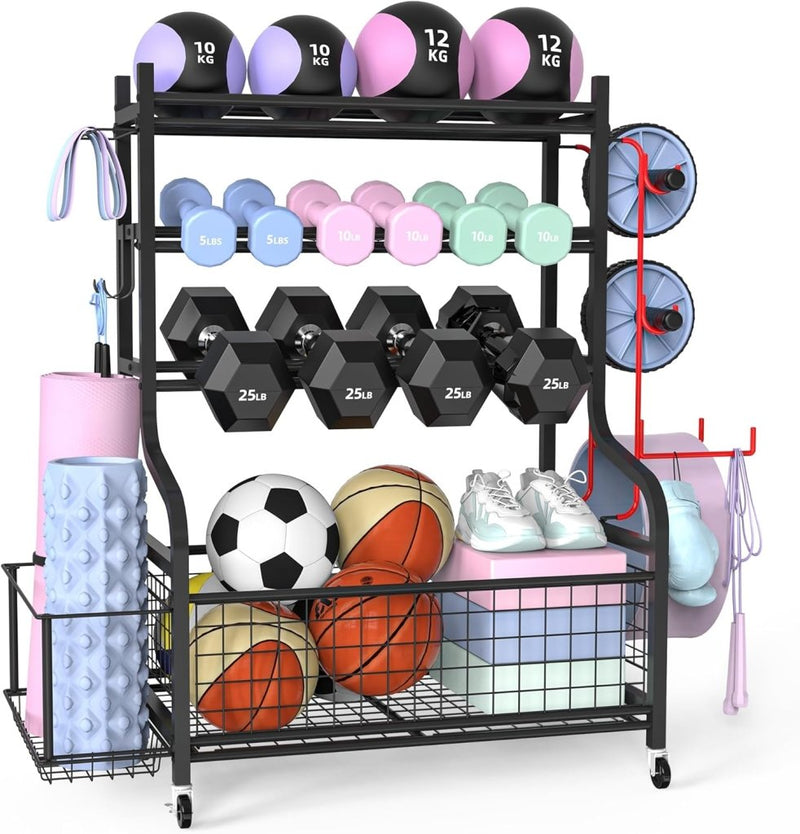 Laad afbeelding in Galerijviewer, halterstandaard, dumbbells, rek met 4 etages voor thuis, gym met wiel en 8 haken, 160 kg draagvermogen, korte halters, opbergrek voor dumbbells en yogabal, blok, mat, riem, rol - happygetfit.com
