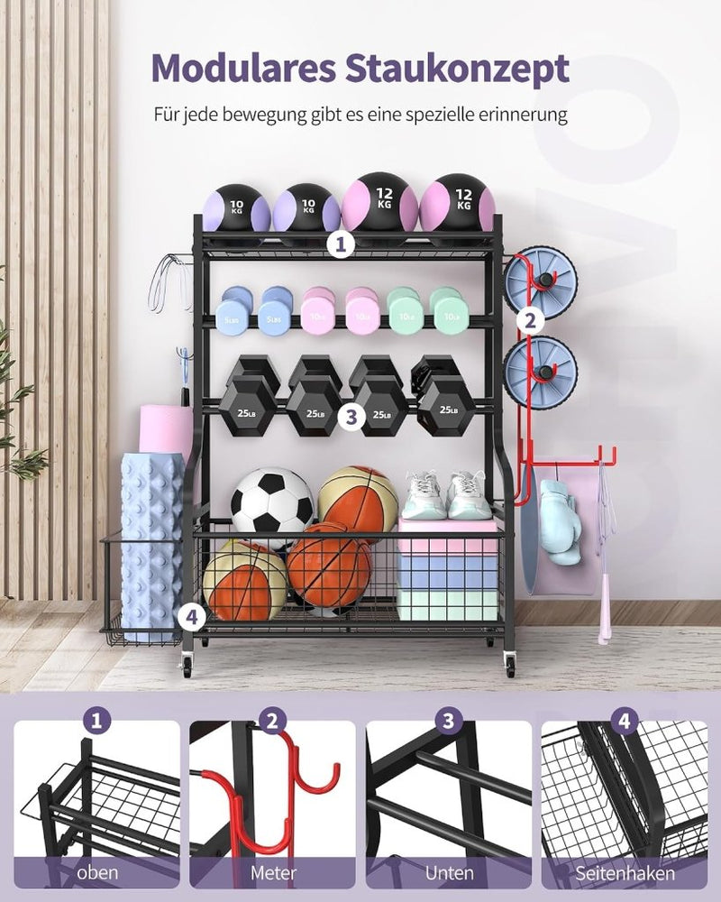 Laad afbeelding in Galerijviewer, halterstandaard, dumbbells, rek met 4 etages voor thuis, gym met wiel en 8 haken, 160 kg draagvermogen, korte halters, opbergrek voor dumbbells en yogabal, blok, mat, riem, rol - happygetfit.com
