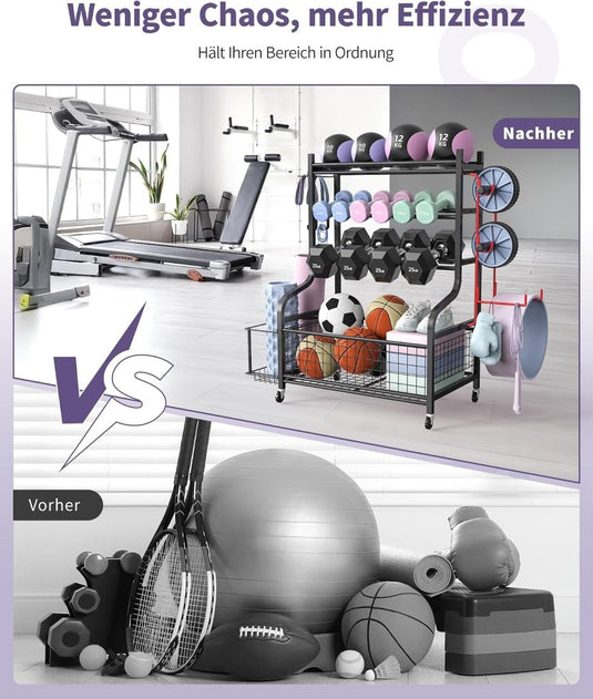 halterstandaard, dumbbells, rek met 4 etages voor thuis, gym met wiel en 8 haken, 160 kg draagvermogen, korte halters, opbergrek voor dumbbells en yogabal, blok, mat, riem, rol - happygetfit.com