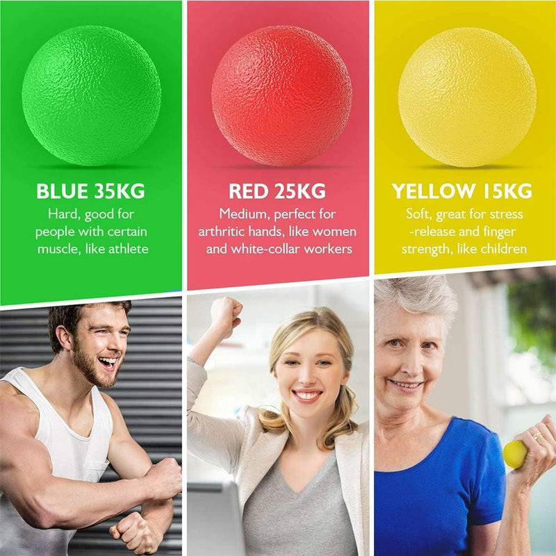 Laad afbeelding in Galerijviewer, Afbeelding van drie stressballen—Blauw (35kg) voor atleten, Rood (25kg) voor artritische handen, Geel (15kg) voor stressverlichting en kinderen—elk met een kleurcode om te helpen bij het verbeteren van de handkracht en handgreepversterking. Verbeter de grip, verminder stress en boost de gezondheid met &quot;Versterk je grip&quot; ballen!.
