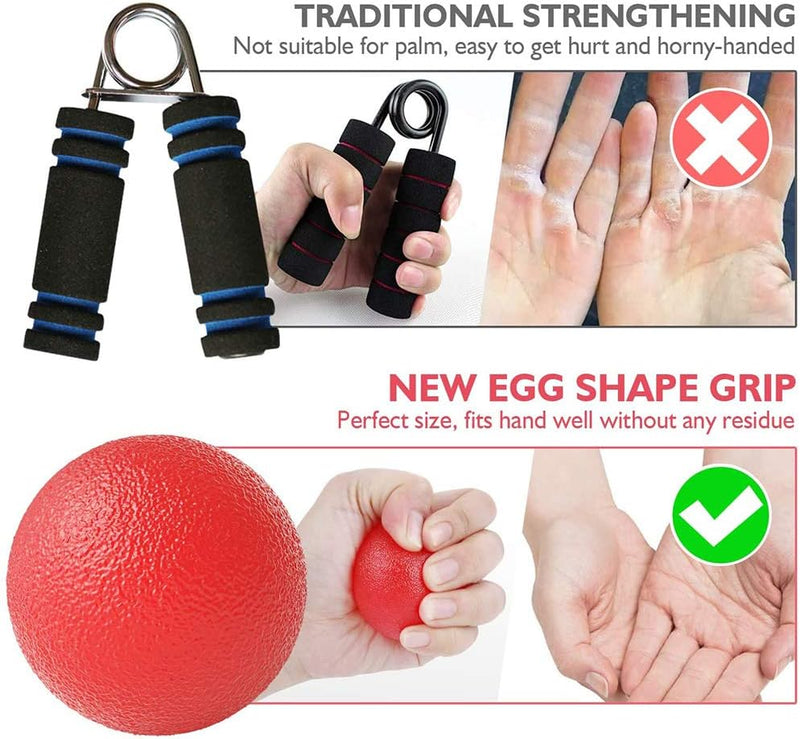 Laad afbeelding in Galerijviewer, Vergelijking handgrepen: traditionele grip veroorzaakt handirritatie (rood kruis); eivormige handgreep, ideaal voor &quot;Versterk je grip, verminder stress en verbetering je gezondheid met onze stressballen!&quot;, ligt goed in de hand (groen vinkje).
