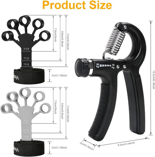 Handtrainer set 3-delig met verstelbare gripweerstand van 10 tot 50 kg en 2 vingertrainers – grijpkracht – vingertraining - happygetfit.com