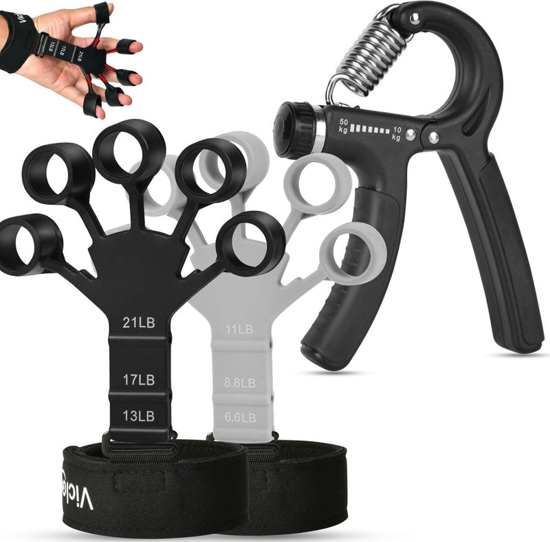 Załaduj obraz w przeglądarce galerii, Handtrainer set 3-delig met verstelbare gripweerstand van 10 tot 50 kg en 2 vingertrainers – grijpkracht – vingertraining - happygetfit.com

