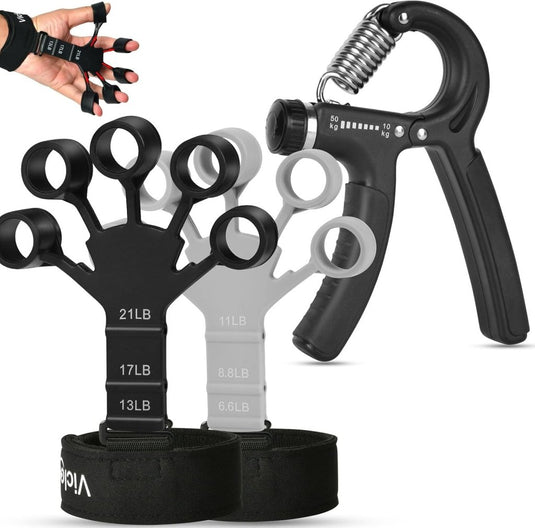Handtrainer set 3-delig met verstelbare gripweerstand van 10 tot 50 kg en 2 vingertrainers – grijpkracht – vingertraining - happygetfit.com