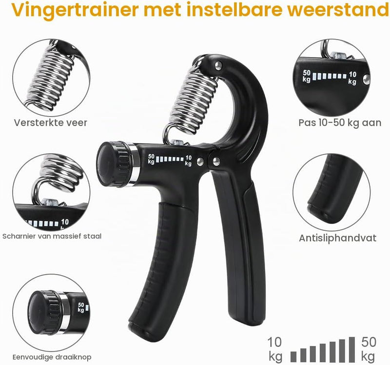 Załaduj obraz w przeglądarce galerii, Handtrainer set 3-delig met verstelbare gripweerstand van 10 tot 50 kg en 2 vingertrainers – grijpkracht – vingertraining - happygetfit.com
