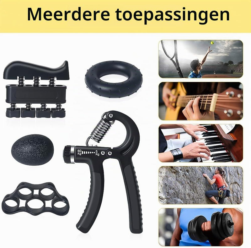 Charger l’image dans la visionneuse de galerie, Handtrainer set 5-delig met verstelbare weerstand van 5 tot 60 kg voor hand- en vingerkracht – griptraining – onderarmtraining - happygetfit.com
