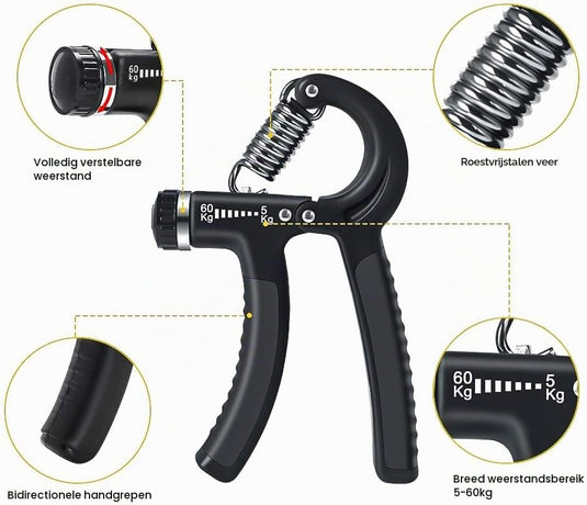 Handtrainer set 5-delig met verstelbare weerstand van 5 tot 60 kg voor hand- en vingerkracht – griptraining – onderarmtraining - happygetfit.com