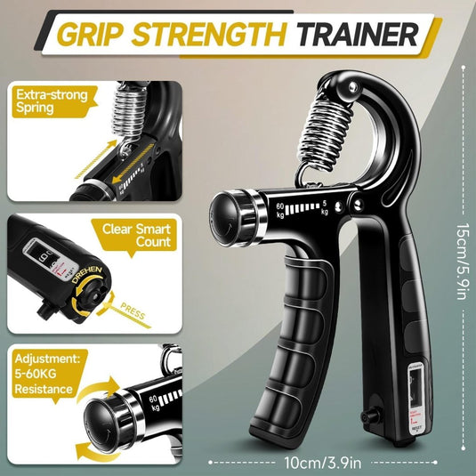 Handtrainerset 5-delig met verstelbare weerstand van 5 tot 60 kg en herhalingsteller voor handen vingers en onderarmen – griptrainer – knijpkrachttrainer - happygetfit.com