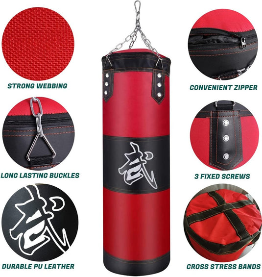Hanging Punching Bag Set Unfilled, Heavy Boxing Bags Kickboxing Bag for Adults Kids, Youth Boxing Set with Hand Wraps, Punching Bag Hangers, for MMA Muay Thai Karate Taekwondo Training - happygetfit.com