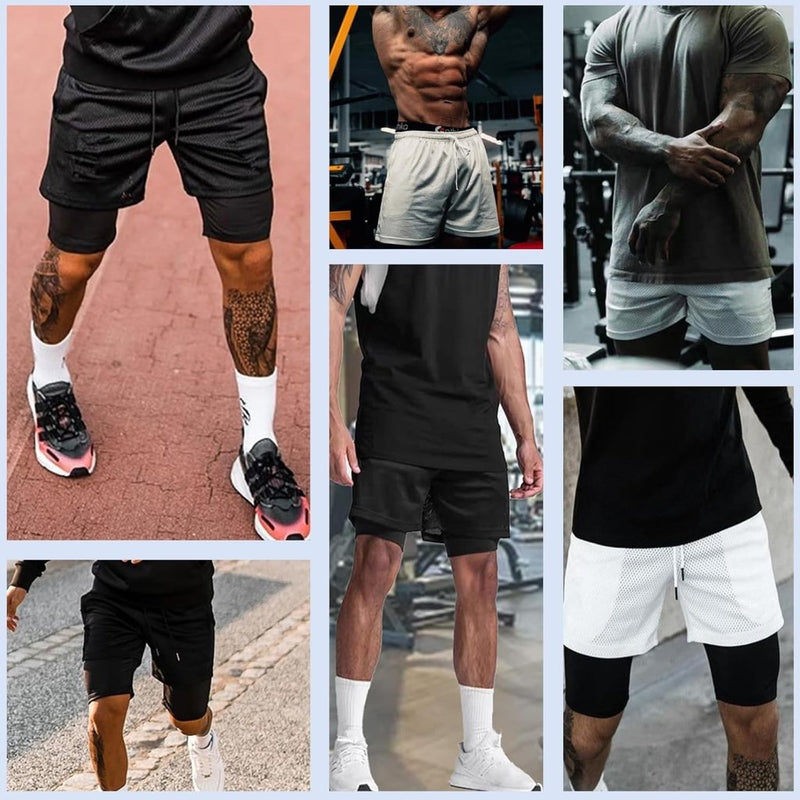 Załaduj obraz do przeglądarki galerii, Heren 2-in-1 sportshort met compressiebroek en zakken – trainingsshort – hardloopbroek - happygetfit.com

