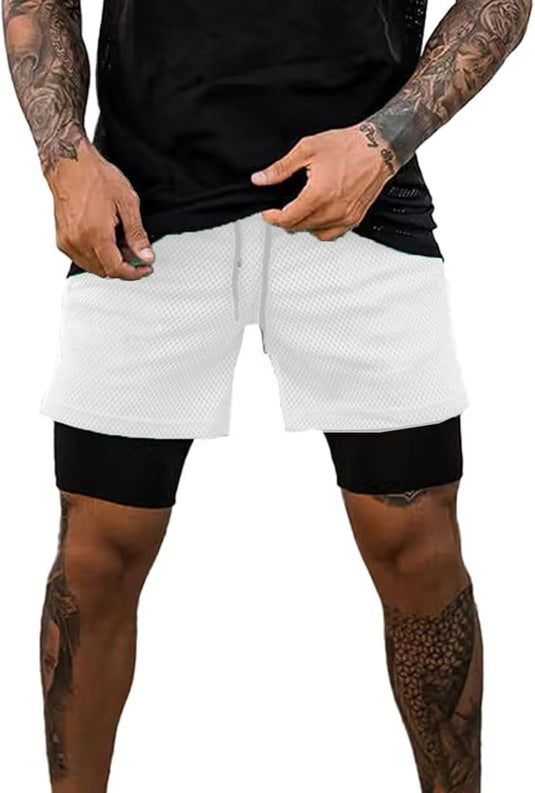 Heren 2-in-1 sportshort met compressiebroek en zakken – trainingsshort – hardloopbroek - happygetfit.com