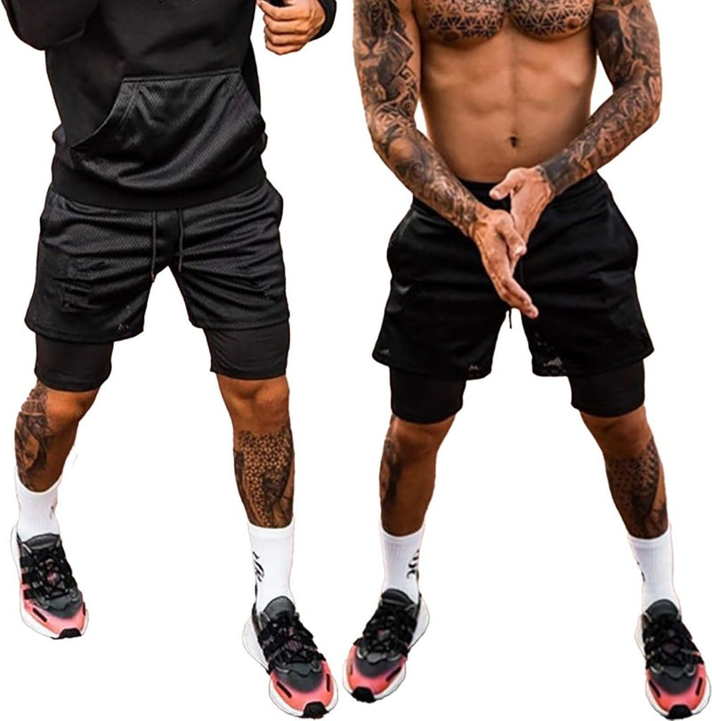 Załaduj obraz do przeglądarki galerii, Heren 2-in-1 sportshort met compressiebroek en zakken – trainingsshort – hardloopbroek - happygetfit.com
