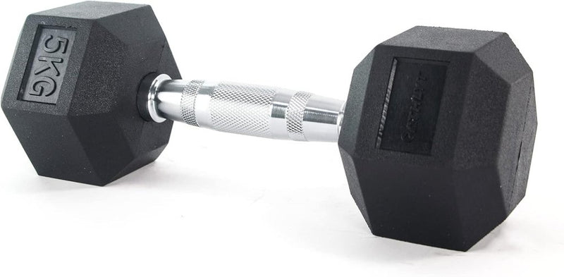 Laad afbeelding in Galerijviewer, Hex dumbbell 5 kg rubber zwart - happygetfit.com
