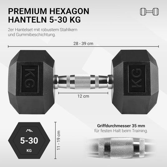 Hexagon halters, premium set van 2 (paar), 5-30 kg, antislip ommanteld, ergonomische verchroomde handgrepen, dumbbellset - happygetfit.com