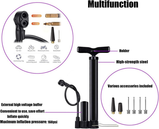 High Pressure Bike Floor Pump, Bicycle Pump, Bike Pump, Stand Pump 160PSI with Presta &Schrader Valves, Bike Air Pump with Ball Pump Needle for Bike Basketball - happygetfit.com