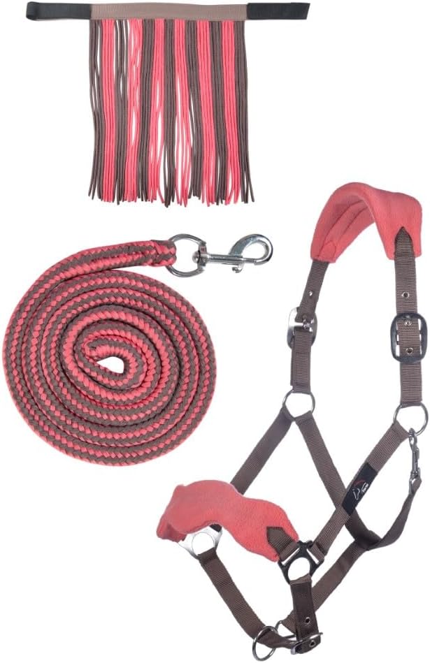 Laad afbeelding in Galerijviewer, HKM Holster met gebreide karabijnhaak &amp; vliegenfranjes, grijs/roze, pony - happygetfit.com
