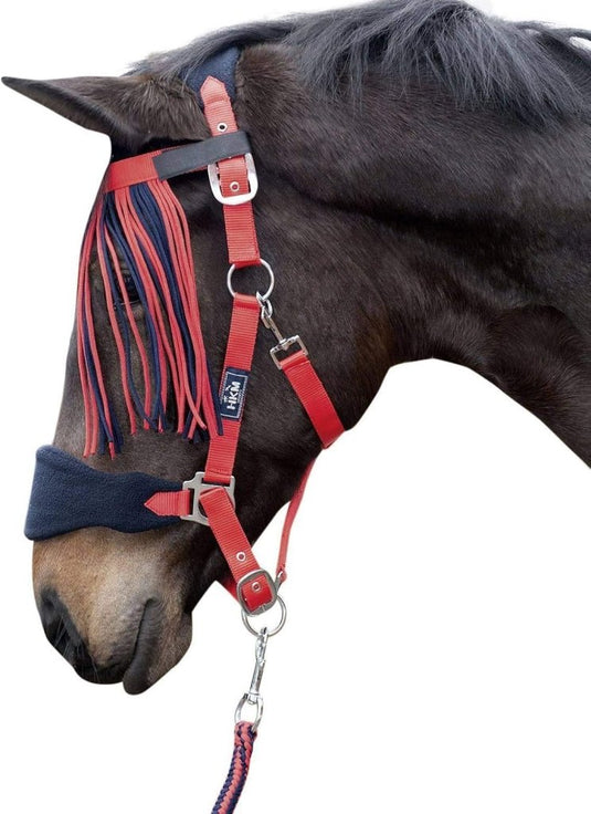 HKM Holster met gebreide karabijnhaak & vliegenfranjes, grijs/roze, pony - happygetfit.com