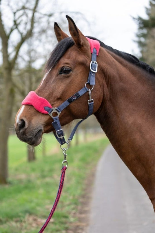 HKM Holster met gebreide karabijnhaak & vliegenfranjes, grijs/roze, pony - happygetfit.com