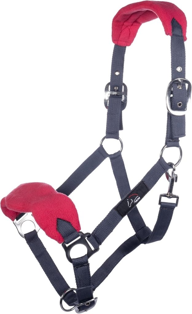Laad afbeelding in Galerijviewer, HKM Holster met gebreide karabijnhaak &amp; vliegenfranjes, grijs/roze, pony - happygetfit.com

